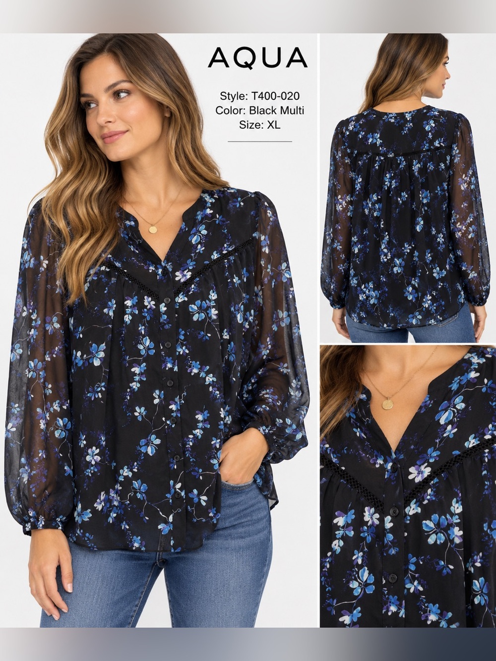Aqua Black Floral V-Neck Sheer Blouse
